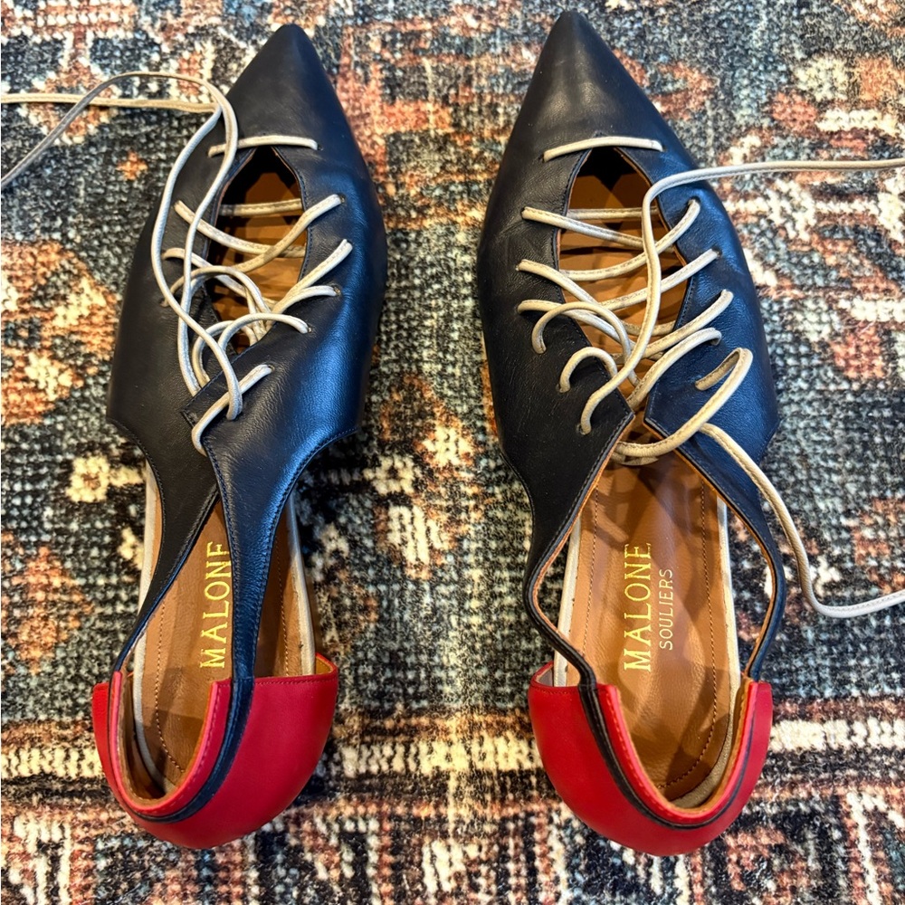 Malone Souliers Black and Red Flats with Gold Accents